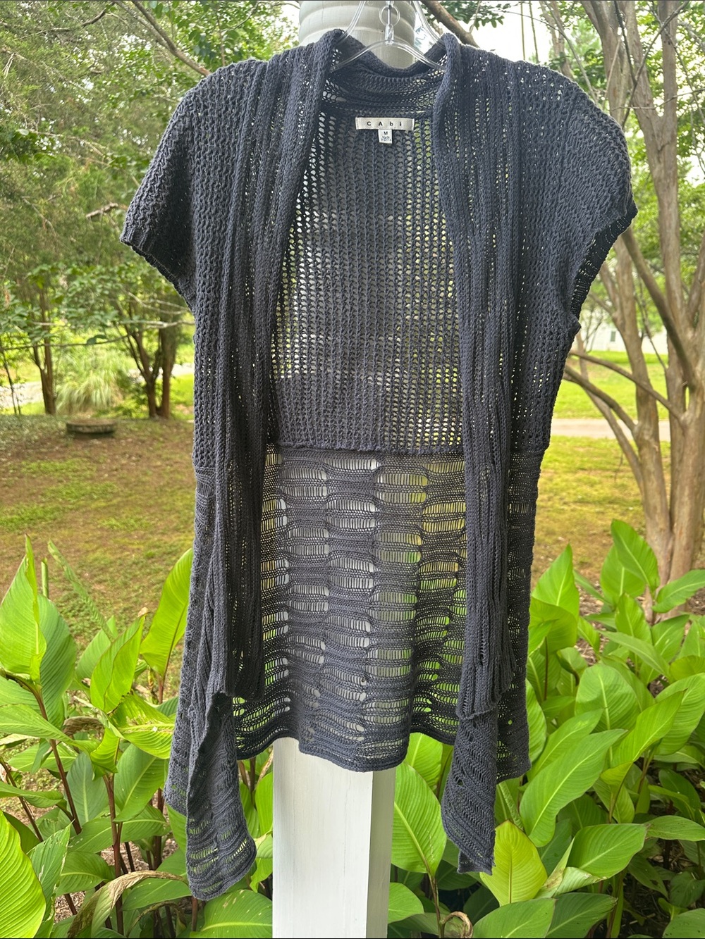 CAbi 286 Cottage Cardigan Open Front Knit in Blue-Gray